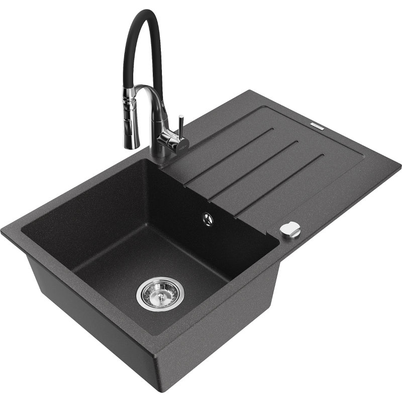 Mexen Bruno granite kitchen sink 1-bowl with drainer and Aster kitchen tap, speckled black - 6513-76-73450-07