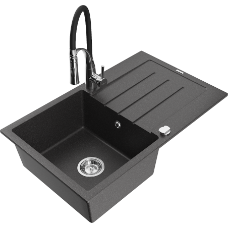 Mexen Bruno 1-Bowl Granite Sink with Drainer and Aster Kitchen Faucet, Black Speckled - 6513-76-73450-07