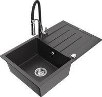 Mexen Bruno 1-Bowl Granite Sink with Drainer and Aster Kitchen Faucet, Black Speckled - 6513-76-73450-07