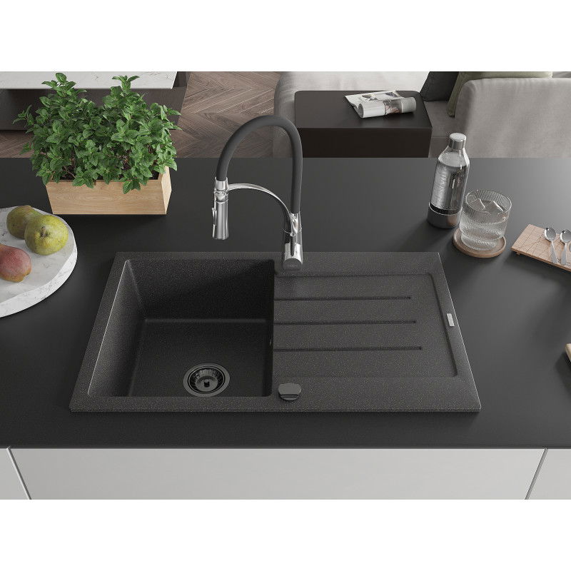 Mexen Bruno granite sink 1-bowl with drainer and Aster kitchen tap, speckled black - 6513-76-73450-07-B