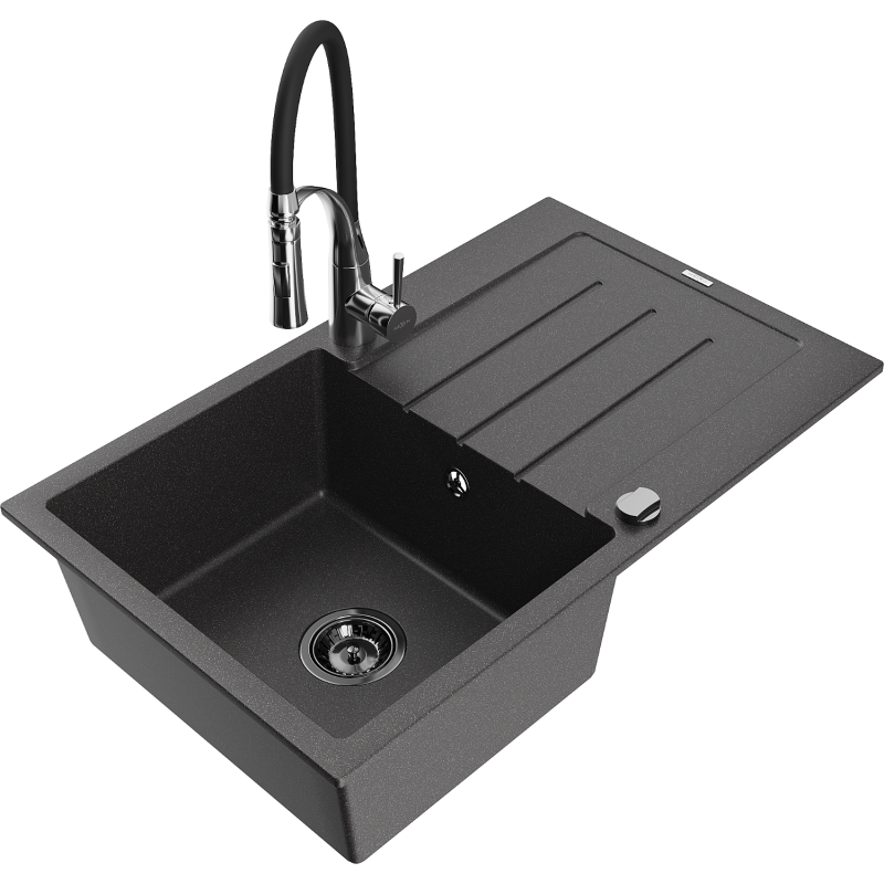 Mexen Bruno 1-compartment granite sink with a drip tray and kitchen mixer tap Aster, spotted black - 6513-76-73450-07-B
