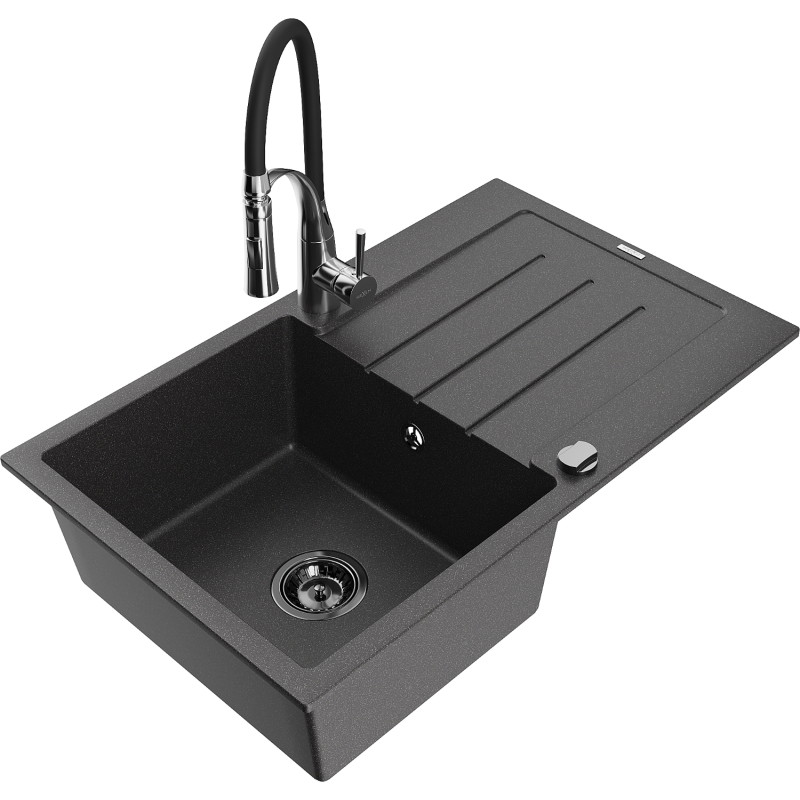 Mexen Bruno granite sink with 1 compartment, drainer and Aster kitchen faucet, speckled black - 6513-76-73450-07-B