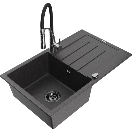 Mexen Bruno granite sink with 1 compartment, drainer and Aster kitchen faucet, speckled black - 6513-76-73450-07-B