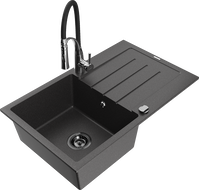 Mexen Bruno granite sink 1-bowl with drainer and Aster kitchen tap, speckled black - 6513-76-73450-07-B