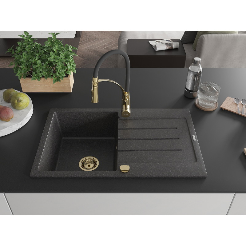 Mexen Bruno 1-bowl granite sink with drainer and Aster kitchen faucet, speckled black - 6513-76-73450-57-G
