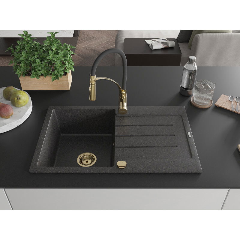 Mexen Bruno granite sink 1-bowl with drainer and Aster kitchen tap, black speckled - 6513-76-73450-57-G