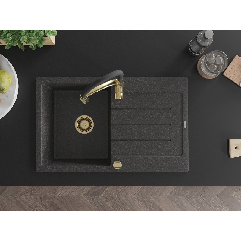 Mexen Bruno 1-bowl granite sink with drainer and Aster kitchen faucet, speckled black - 6513-76-73450-57-G