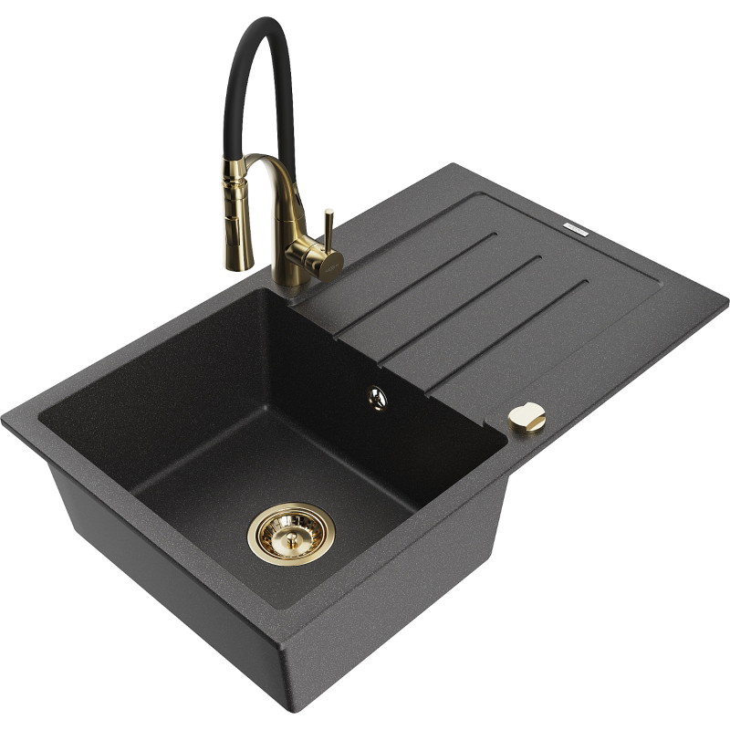 Mexen Bruno 1-bowl granite sink with drainer and Aster kitchen faucet, speckled black - 6513-76-73450-57-G