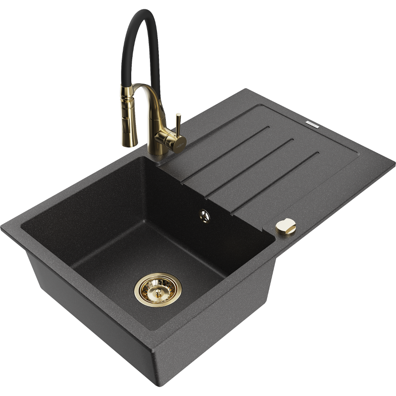 Mexen Bruno 1-compartment granite sink with a drip tray and kitchen mixer tap Aster, spotted black - 6513-76-73450-57-G