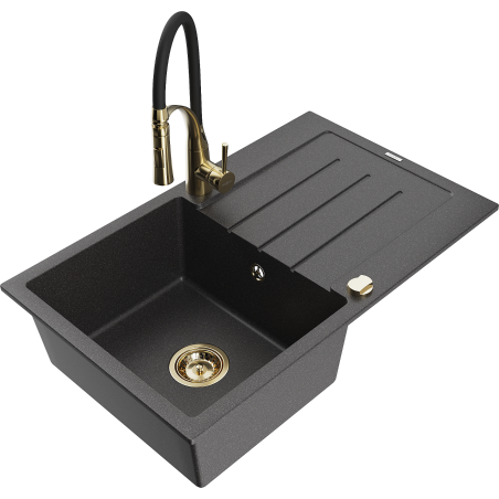 Mexen Bruno granite kitchen sink 1-bowl with drainer and Aster kitchen faucet, black speckled - 6513-76-73450-57-G