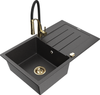 Mexen Bruno granite kitchen sink 1-bowl with drainer and Aster kitchen faucet, black speckled - 6513-76-73450-57-G