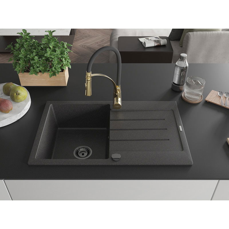 Mexen Bruno 1-bowl granite sink with drainer and Aster kitchen tap, black speckled - 6513-76-73450-57-B