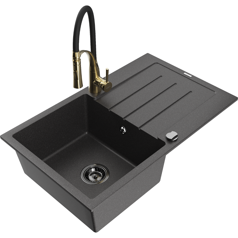 Mexen Bruno 1-compartment granite sink with a drip tray and kitchen mixer tap Aster, spotted black - 6513-76-73450-57-B