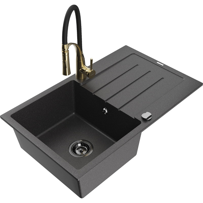Mexen Bruno granite sink 1-bowl with drainer and kitchen faucet Aster, black speckled - 6513-76-73450-57-B