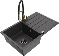 Mexen Bruno granite sink 1-bowl with drainer and kitchen faucet Aster, black speckled - 6513-76-73450-57-B