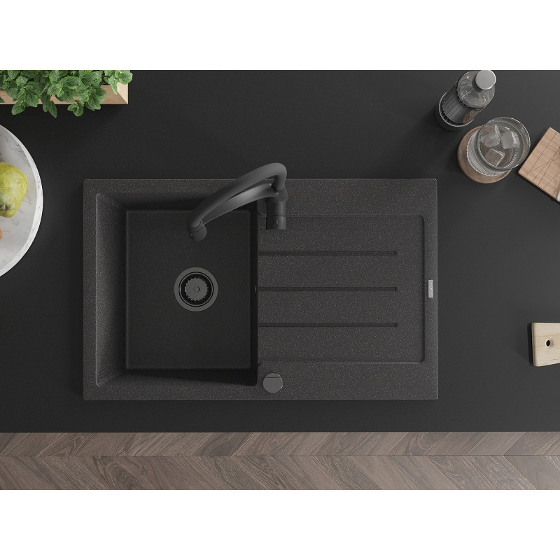 Mexen Bruno granite sink 1-bowl with drainer and kitchen faucet Aster, black speckled - 6513-76-73450-70-B
