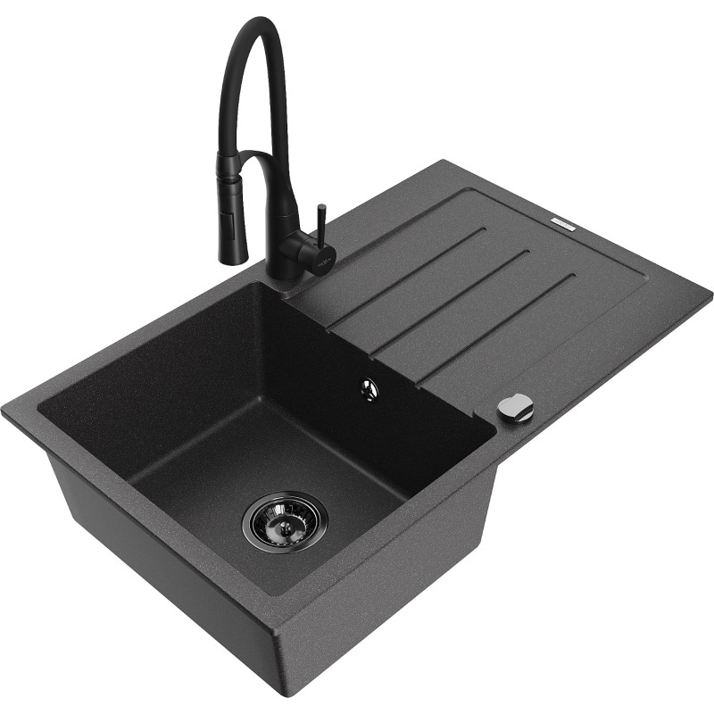 Mexen Bruno 1-bowl granite sink with drainer and kitchen faucet Aster, speckled black - 6513-76-73450-70-B