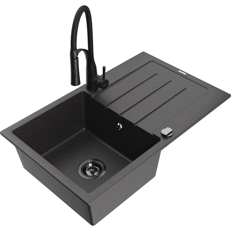Mexen Bruno 1-compartment granite sink with a drip tray and kitchen mixer tap Aster, spotted black - 6513-76-73450-70-B