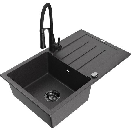 Mexen Bruno granite sink 1-bowl with drainer and kitchen faucet Aster, black speckled - 6513-76-73450-70-B