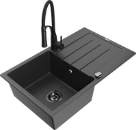 Mexen Bruno 1-bowl granite sink with drainer and kitchen faucet Aster, speckled black - 6513-76-73450-70-B