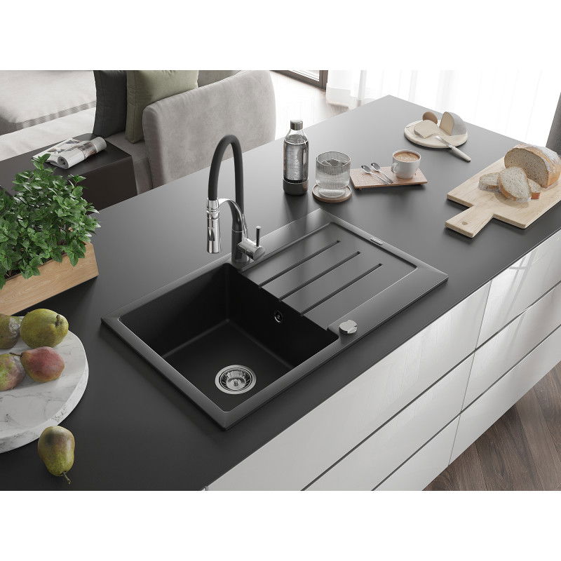 Mexen Bruno granite sink 1-bowl with drainer and Aster kitchen tap, black - 6513-77-73450-07