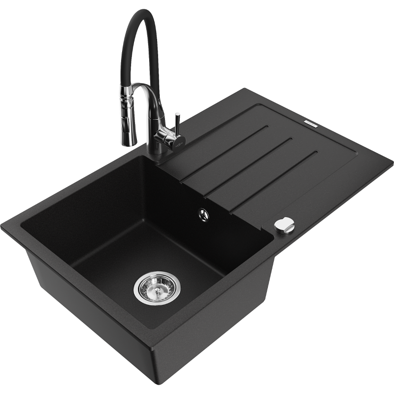 Mexen Bruno 1-compartment granite sink with a drip tray and kitchen mixer tap Aster, Black - 6513-77-73450-07
