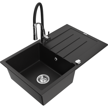 Mexen Bruno 1-compartment granite sink with a drip tray and kitchen mixer tap Aster, Black - 6513-77-73450-07