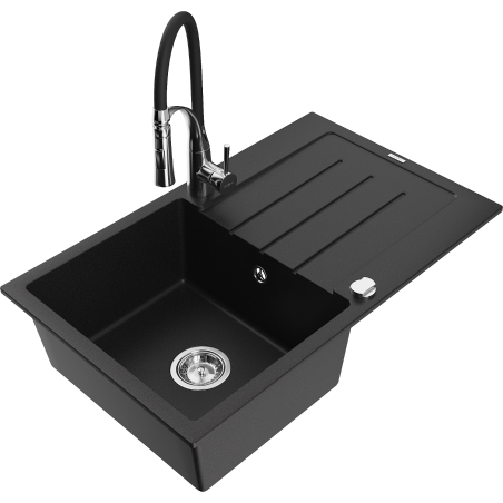 Mexen Bruno granite sink 1-bowl with drainer and Aster kitchen tap, black - 6513-77-73450-07