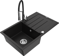 Mexen Bruno 1-compartment granite sink with a drip tray and kitchen mixer tap Aster, Black - 6513-77-73450-07