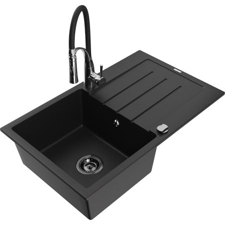 Mexen Bruno 1-bowl granite sink with drainer and Aster kitchen faucet, black - 6513-77-73450-07-B