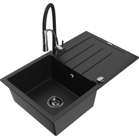 Mexen Bruno granite sink 1-bowl with drainer and Aster kitchen tap, black - 6513-77-73450-07-B
