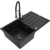 Mexen Bruno 1-bowl granite sink with drainer and Aster kitchen faucet, black - 6513-77-73450-07-B