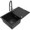 Mexen Bruno granite sink 1-bowl with drainer and Aster kitchen tap, black - 6513-77-73450-07-B