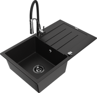 Mexen Bruno granite sink 1-bowl with drainer and Aster kitchen tap, black - 6513-77-73450-07-B