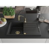 Mexen Bruno 1-bowl granite sink with drainer and Aster kitchen faucet, black - 6513-77-73450-57-G