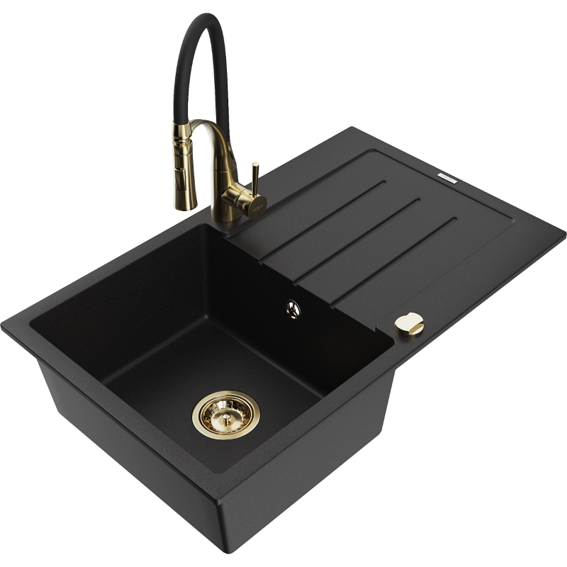 Mexen Bruno 1-compartment granite sink with a drip tray and kitchen mixer tap Aster, Black - 6513-77-73450-57-G