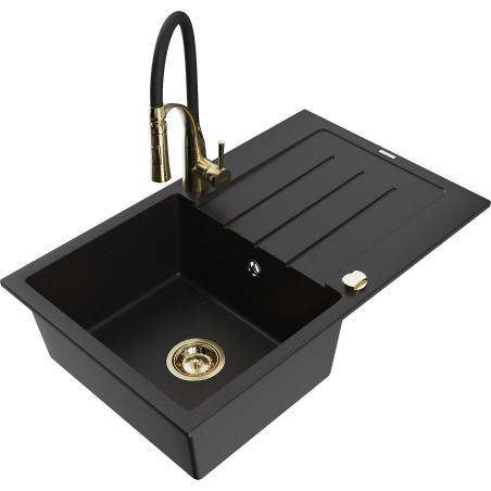 Mexen Bruno 1-bowl granite sink with drainer and Aster kitchen faucet, black - 6513-77-73450-57-G