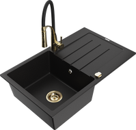 Mexen Bruno 1-bowl granite sink with drainer and Aster kitchen faucet, black - 6513-77-73450-57-G