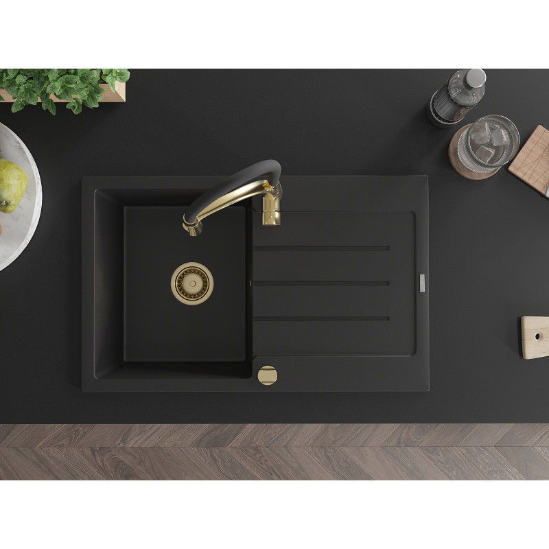 Mexen Bruno granite sink single-bowl with drainer and Aster kitchen tap, black - 6513-77-73450-57-G