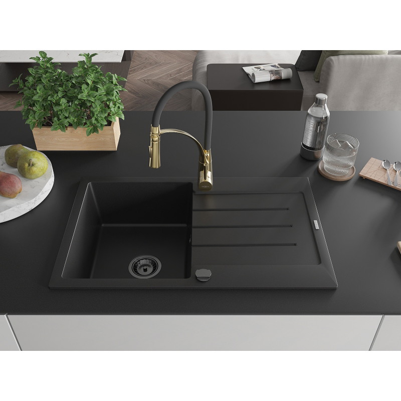 Mexen Bruno granite kitchen sink 1-bowl with drainer and Aster kitchen faucet, black - 6513-77-73450-57-B