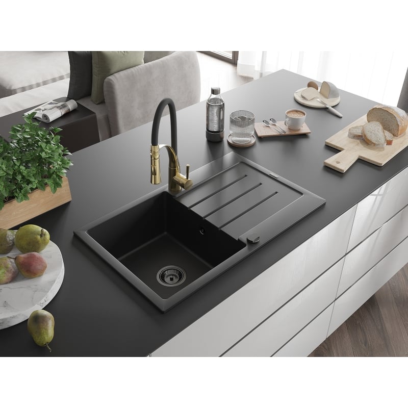 Mexen Bruno granite single-bowl sink with drainer and Aster kitchen faucet, black - 6513-77-73450-57-B