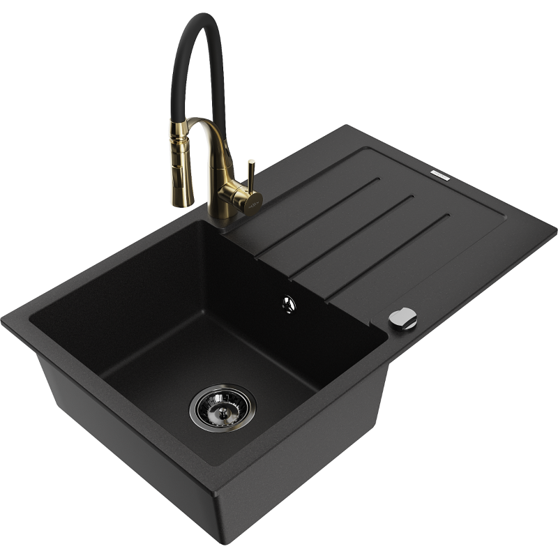 Mexen Bruno 1-compartment granite sink with a drip tray and kitchen mixer tap Aster, Black - 6513-77-73450-57-B