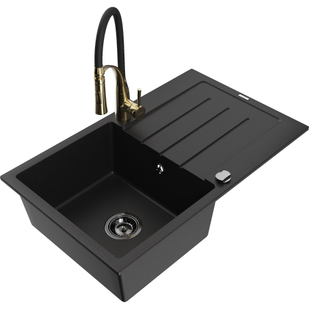 Mexen Bruno granite kitchen sink 1-bowl with drainer and Aster kitchen faucet, black - 6513-77-73450-57-B