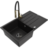 Mexen Bruno granite kitchen sink 1-bowl with drainer and Aster kitchen faucet, black - 6513-77-73450-57-B