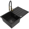Mexen Bruno granite single-bowl sink with drainer and Aster kitchen faucet, black - 6513-77-73450-57-B