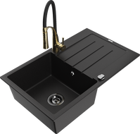 Mexen Bruno granite single-bowl sink with drainer and Aster kitchen faucet, black - 6513-77-73450-57-B