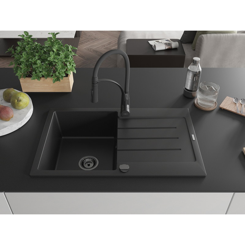Mexen Bruno granite single-bowl sink with drainer and Aster kitchen faucet, black - 6513-77-73450-70-B