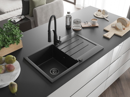 Mexen Bruno 1-compartment granite sink with a drip tray and kitchen mixer tap Aster, Black - 6513-77-73450-70-B