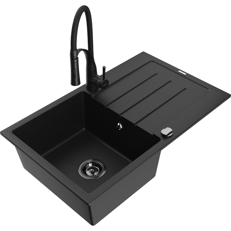 Mexen Bruno 1-compartment granite sink with a drip tray and kitchen mixer tap Aster, Black - 6513-77-73450-70-B