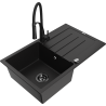 Mexen Bruno granite single-bowl sink with drainer and Aster kitchen faucet, black - 6513-77-73450-70-B